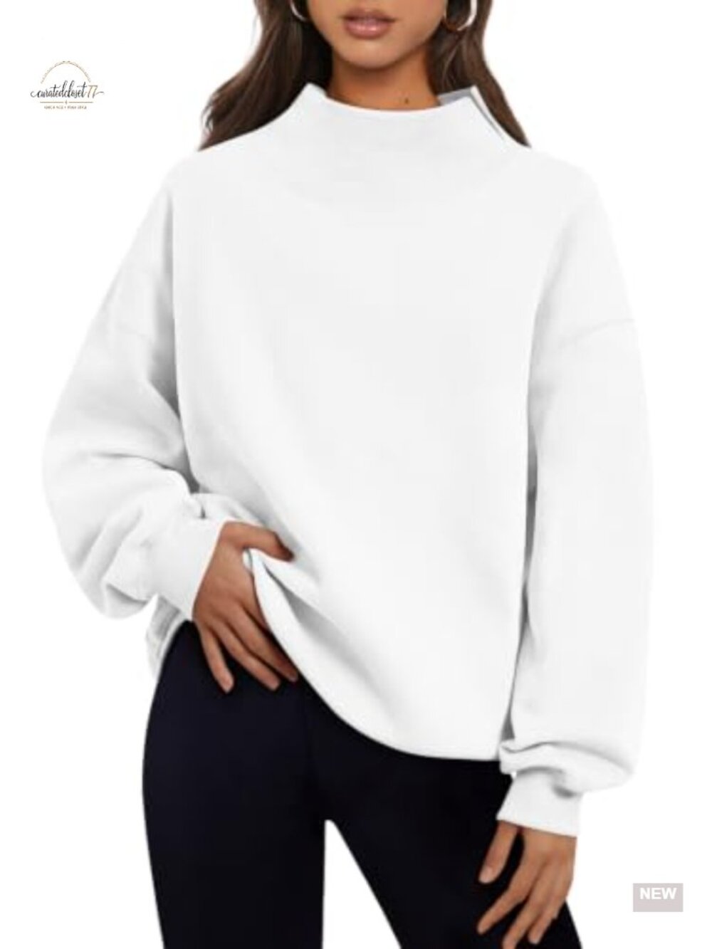 Mock Neck Oversized Fleece Pullover Sweatshirt Asymmetric Slit